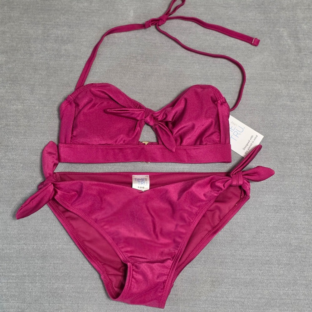 Time and Tru Bikini Set Womens Small 4-6 Magenta Pink Tie Front Keyhole New